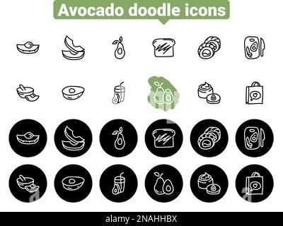 Simple vector icons. Flat illustration on a theme avocado, slices, dish and shopping Stock Vector