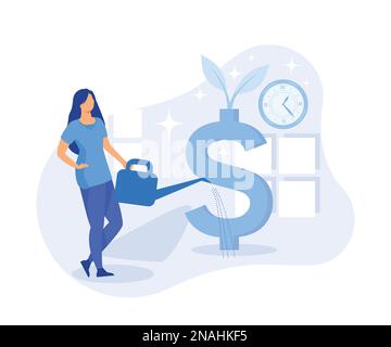 Finance growth illustration. Characters analyzing investments, celebrating financial success and money growth. Money increasing concept. flat vector m Stock Vector