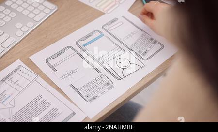 Ux, designer and planning with woman and research for creative, app and technology. Website, software and engineering with phone ui and employee Stock Photo
