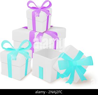 White boxes with bright bows  and ribbons arrangement vector Stock Vector