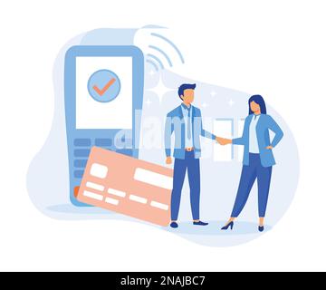 Payment methods illustration. Characters paying with credit card, cash with banknotes and online by electronic bank transfer. Cash and electronic paym Stock Vector