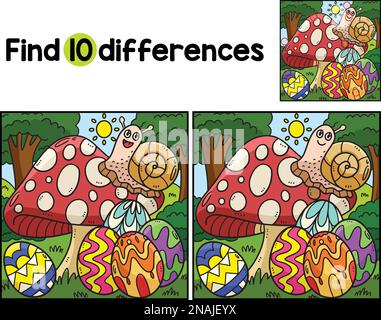 Snail on Mushroom Easter Eggs Find The Differences Stock Vector