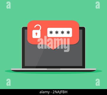 Desktop computer with unlocked password bubble notification, flat cartoon design or pc screen with open lock and password field. Stock Vector