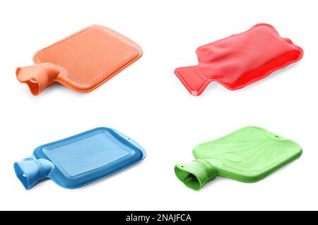 Set with different rubber hot water bottles on white background Stock Photo