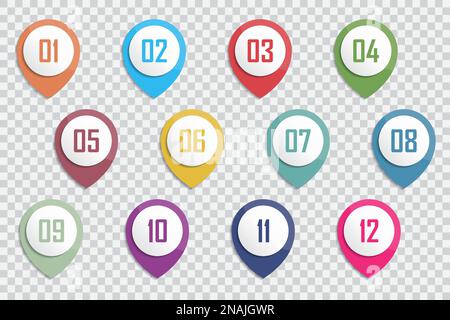 Number Bullet Point Colorful 3d Markers 1 to 12 Vector illustration. Stock Vector