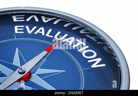 3D rendering of an compass with the word evaluation Stock Photo
