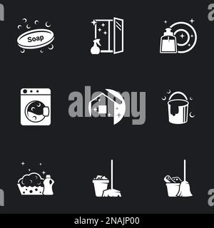Icons for theme House Cleaning. Black background Stock Vector