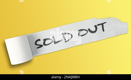 SOLD OUT written on partially unrolled roll of toilet paper on yellow background Stock Photo