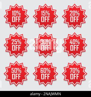 Sale tags set vector badges template, 10 off, 15 %, 20, 25, 30, 40, 50, 60, 70 percent sale label symbols, discount promotion flat icon with long shad Stock Vector