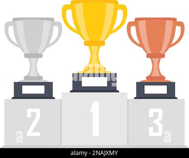 Gold, silver, bronze trophy cup, goblet on podium, pedestal isolated on background. 1st, 2nd, 3rd place. Handing awards to winner. Vector illustration Stock Vector