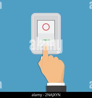 Toggle switch. Electric control concept. Vector graphic design. Isometric icon. Hand turning on the light. Stock Vector