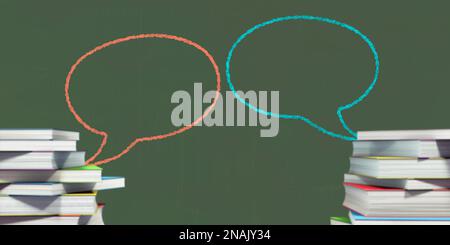 Speech bubbles on the blackboard. Discussion and participation in schools Stock Photo