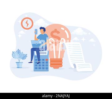 Sustainability illustration. Characters calculating and paying electricity, utilities and household invoice bills. Home finances management and sustai Stock Vector