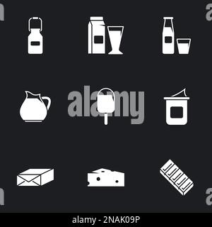 Icons for theme Dairy, vector, icon, set. Black background Stock Vector