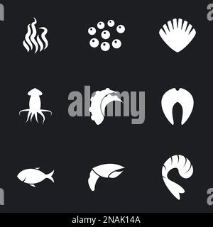 Icons for theme Seafood. Black background Stock Vector
