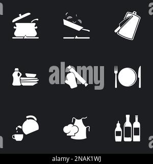 Icons for theme Kitchen. Black background Stock Vector