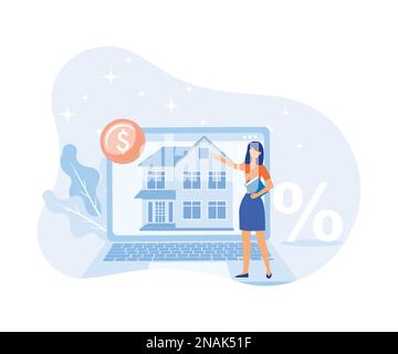 Mortgage process illustration . People buying property with mortgage. Characters getting bank approval, reading contact and legal documents and receiv Stock Vector