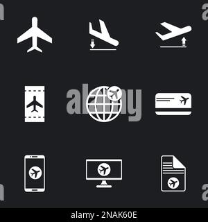 Icons for theme Airport. Black background Stock Vector