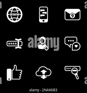 Set of simple icons on a theme Thumb up, conversations, social communications, networks, internet, vector, set. Black background Stock Vector