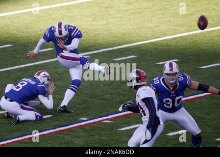 Buffalo Bills' Dave Rayner (3) kicks a field goal against the Miami  Dolphins during the second half of an NFL football game in Orchard Park,  N.Y., Sunday, Dec. 18, 2011. The Dolphins