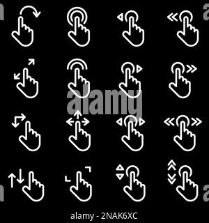 Icons for theme Click, click, hand, gestures, vector, icon, set. Black background Stock Vector