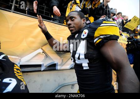 Pittsburgh Steelers' running back Rashard Mendenhall holds up the Lamar  Hunt Trophy after the Steelers defeated the New York Jets 24-19, winning  the AFC Championship, at Heinz Field in Pittsburgh, Pennsylvania on