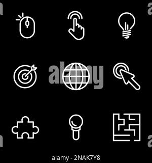 Set of simple icons on a theme Internet, communication, creativity, purposefulness , vector, set. Black background Stock Vector