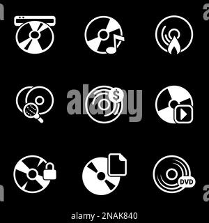 Set of simple icons on a theme Disk, record, dvd, cd, vector, set. Black background Stock Vector