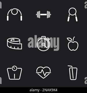 Icons for theme Health and Fitness, vector, icon, set. Black background Stock Vector