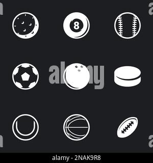 Icons for theme Sports balls. Black background, vector, icon, set Stock Vector