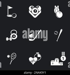 Icons for theme Sports. Black background, vector, icon, set Stock Vector
