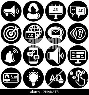 Set of simple icons on a theme Advertising, marketing, business, news, work, telemarketing, promotion, communication, internet , vector, set. White ba Stock Vector