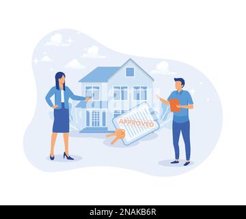Mortgage process illustration . People buying property with mortgage. Characters getting bank approval, reading contact and legal documents and receiv Stock Vector
