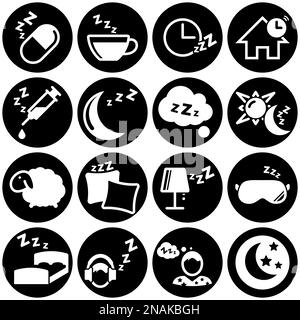 Set of simple icons on a theme Sleep, bedroom, house, lighting, night, vector, set, flat, sign, symbol, object. White background Stock Vector