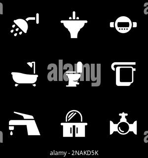 Set of simple icons on a theme Plumbing, shower, bathroom, coziness, bathroom, vector, set. Black background Stock Vector