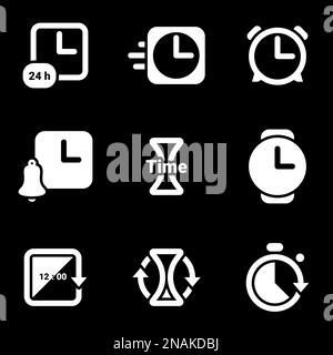 Icons for theme Clock, time, timer, alarm clock , vector, icon, set. Black background Stock Vector