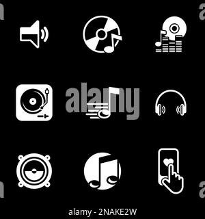 Set of simple icons on a theme Music, sound, wave, disc, vinyl, vector, set. Black background Stock Vector