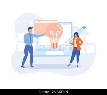 Idea finding illustration. Characters standing near light bulbs and celebrating success. People generating creative business ideas. Business solution Stock Vector