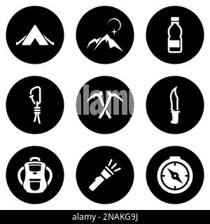 Set of white icons isolated against a black background, on a theme Mountaineering Stock Vector