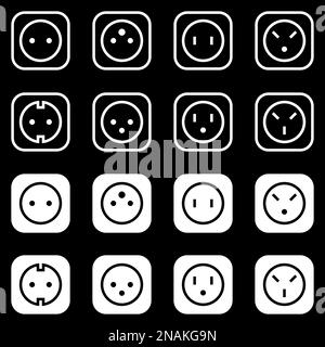 Set of simple icons on a theme power socket, vector, set. Black background Stock Vector