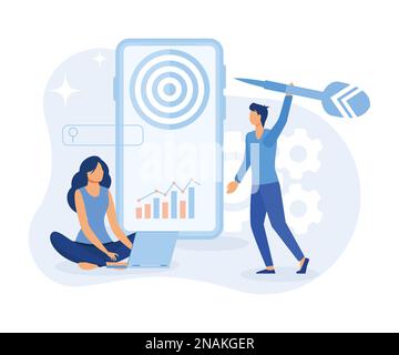 Characters discussing marketing and seo strategy. People analyzing market trends and planning seo optimization. Seo targeting and performance concept. Stock Vector