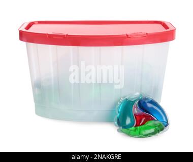 Laundry capsule and box on white background Stock Photo