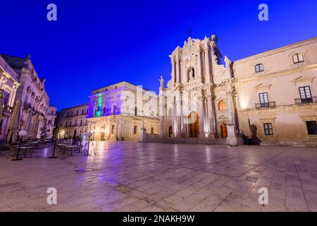 Cathedral of Syracuse in Syracuse, Sicily at twilight. Stock Photo