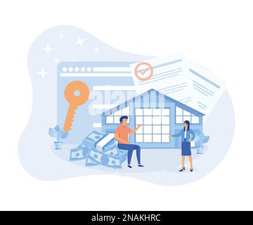 Mortgage process illustration . People buying property with mortgage. Characters getting bank approval, reading contact and legal documents and receiv Stock Vector
