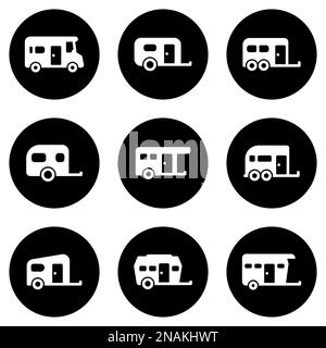 Set of white icons isolated against a black background, on a theme Trailer Stock Vector