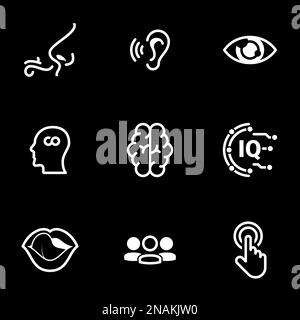 Set of simple icons on a theme Sense organs, man, mind, processing, perception, intellect , vector, set. White icons isolated against black background Stock Vector