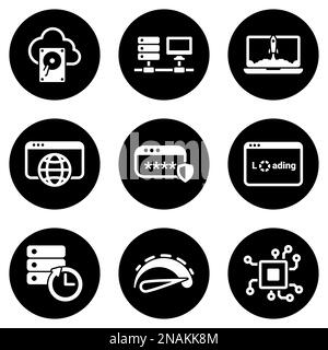 Set of white icons isolated against a black background, on a theme Computer and network Stock Vector