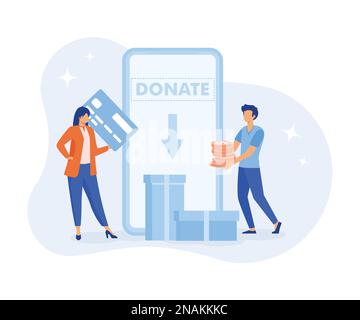 Characters donating money illustration. Volunteers putting coins in donation box and donating with credit card online. Financial support and fundraisi Stock Vector