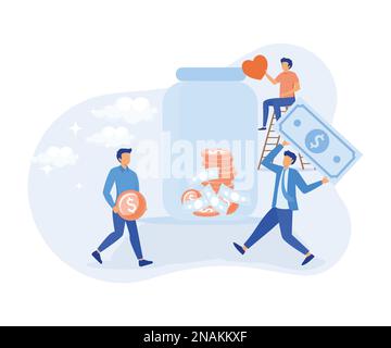 Characters donating money illustration. Volunteers putting coins in donation box and donating with credit card online. Financial support and fundraisi Stock Vector