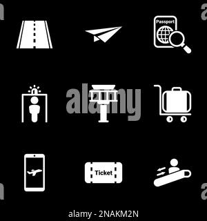 Set of simple icons on a theme Airport, runway, plane, transport, vector, set.White icons isolated against black background Stock Vector